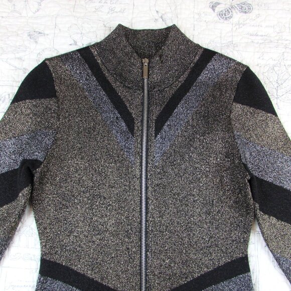 Karen Millen Metallic Bandage Knit Bodycon Dress Front Zip Gold Black UK S 4-6 - Picture 6 of 16